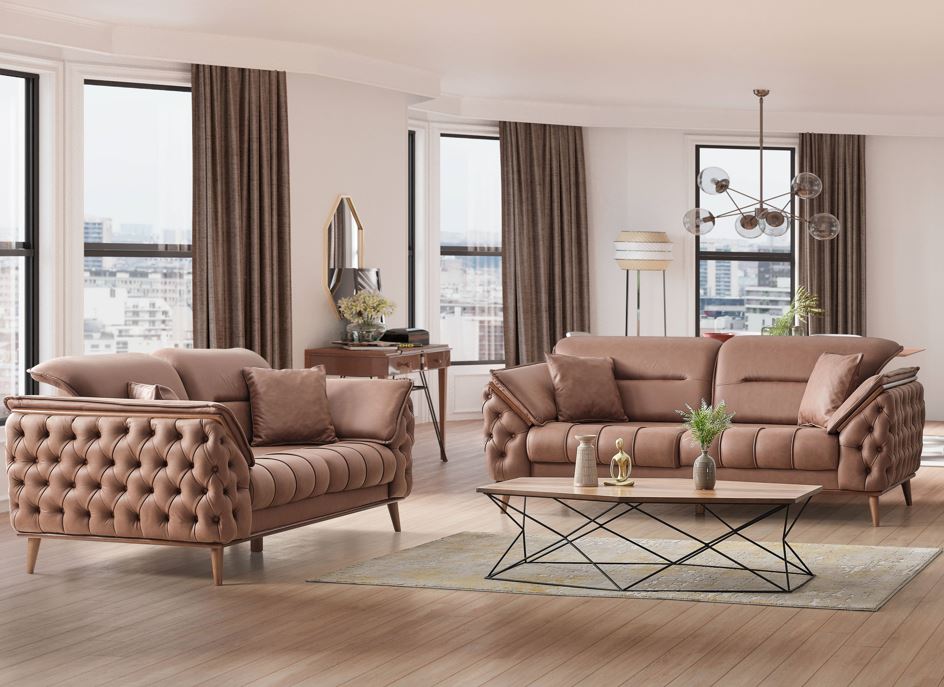 Chesterfield Sofa Set Leather (Brown)