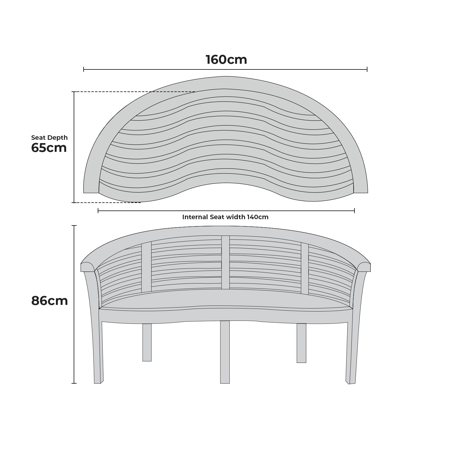 Banana Standard Teak Garden Bench Horizontal Slats, 1.6m