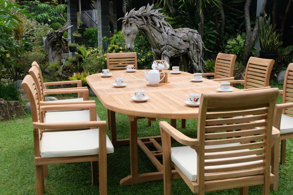 Teak Belgrave 8 Seater Extending Table 1.8m-2.4m (4cm Thick Top) with 8 Belgrave Stacking Chairs (Garden / Outdoor Dining Set)
