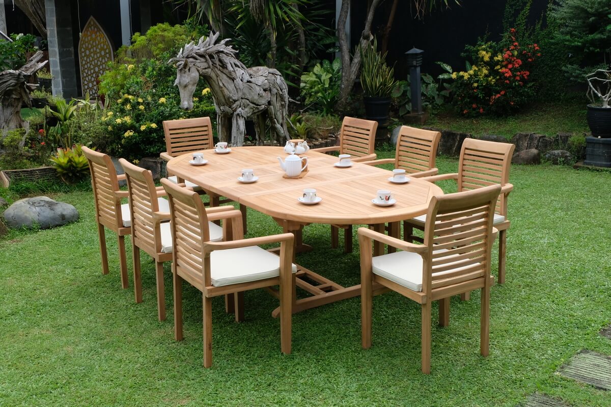 Teak Belgrave 8 Seater Extending Table 1.8m-2.4m (4cm Thick Top) with 8 Belgrave Stacking Chairs (Garden / Outdoor Dining Set)