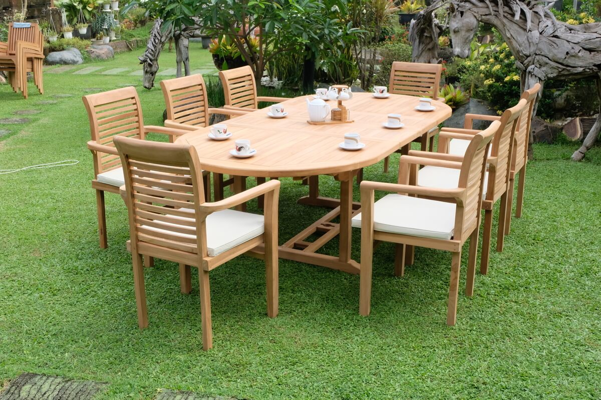 Teak Belgrave 8 Seater Extending Table 1.8m-2.4m (4cm Thick Top) with 8 Belgrave Stacking Chairs (Garden / Outdoor Dining Set)