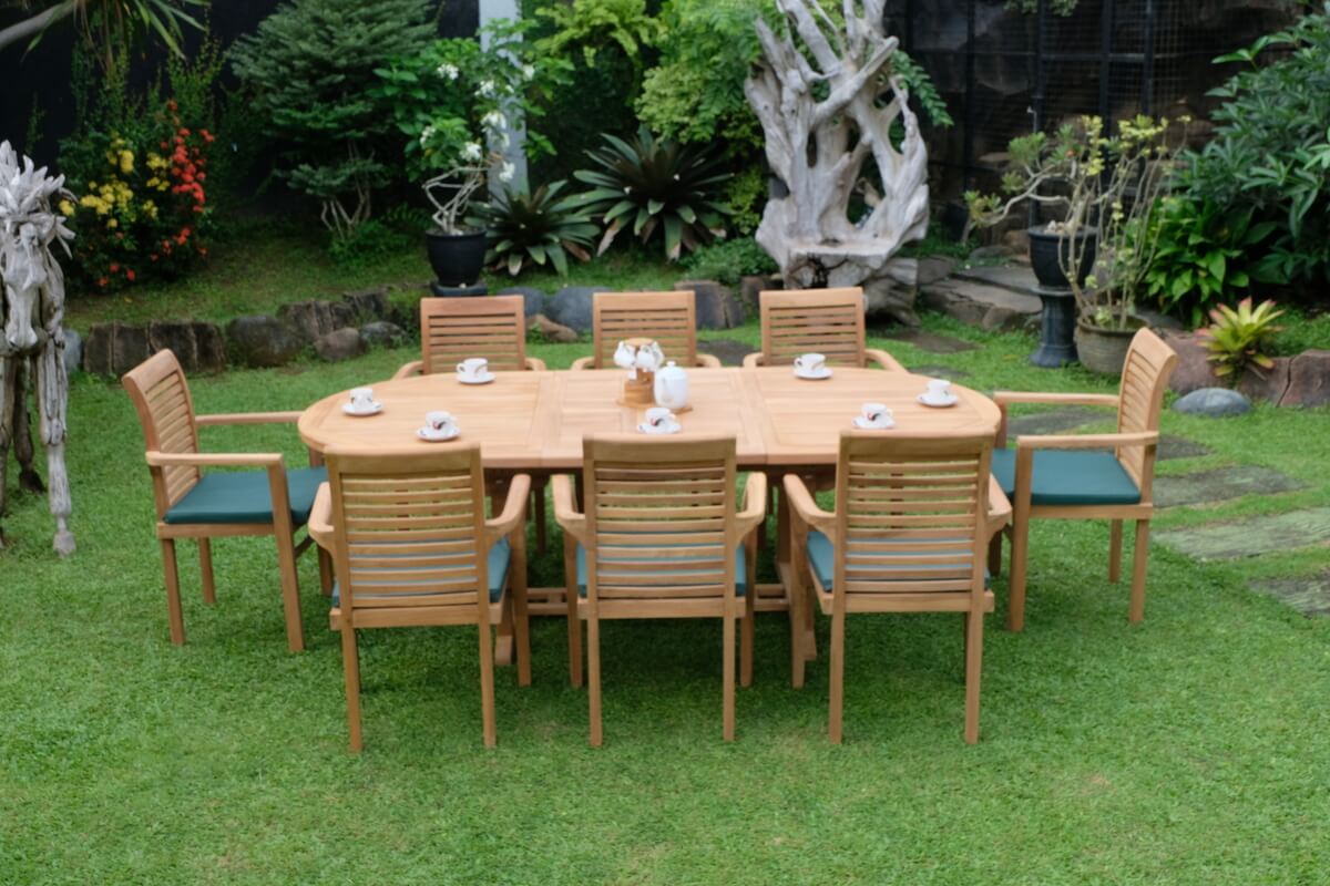 Teak Belgrave 8 Seater Extending Table 1.8m-2.4m (4cm Thick Top) with 8 Belgrave Stacking Chairs (Garden / Outdoor Dining Set)