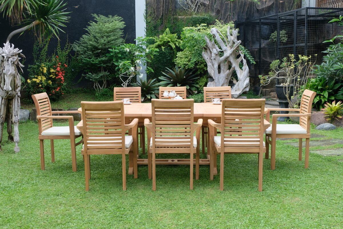 Teak Belgrave 8 Seater Extending Table 1.8m-2.4m (4cm Thick Top) with 8 Belgrave Stacking Chairs (Garden / Outdoor Dining Set)