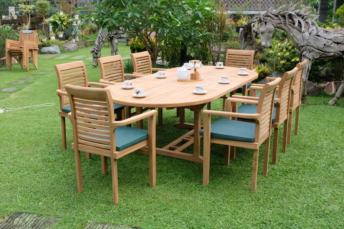 Teak Belgrave 8 Seater Extending Table 1.8m-2.4m (4cm Thick Top) with 8 Belgrave Stacking Chairs (Garden / Outdoor Dining Set)