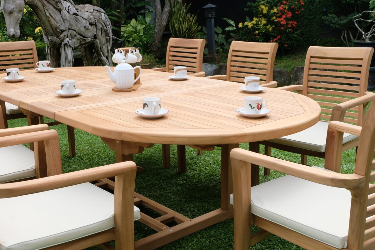Teak Belgrave 8 Seater Extending Table 1.8m-2.4m (4cm Thick Top) with 8 Belgrave Stacking Chairs (Garden / Outdoor Dining Set)
