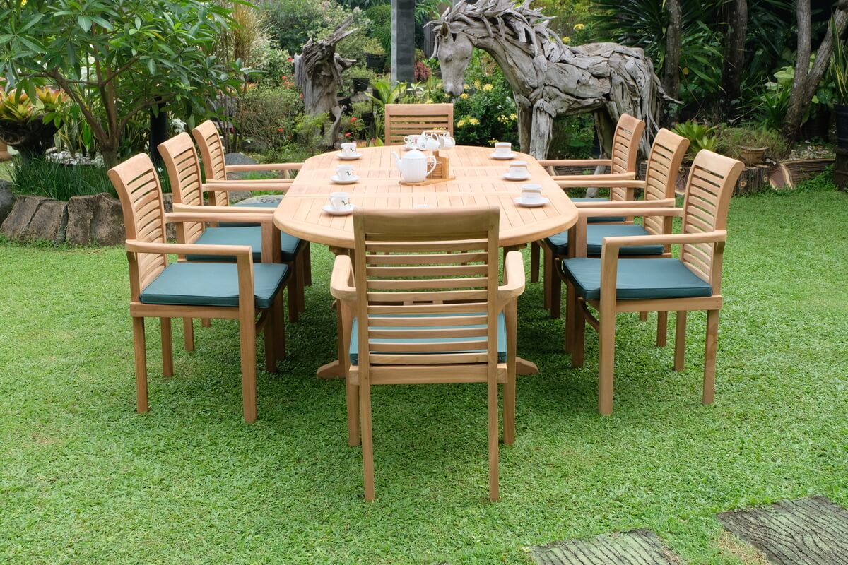 Teak Belgrave 8 Seater Extending Table 1.8m-2.4m (4cm Thick Top) with 8 Belgrave Stacking Chairs (Garden / Outdoor Dining Set)