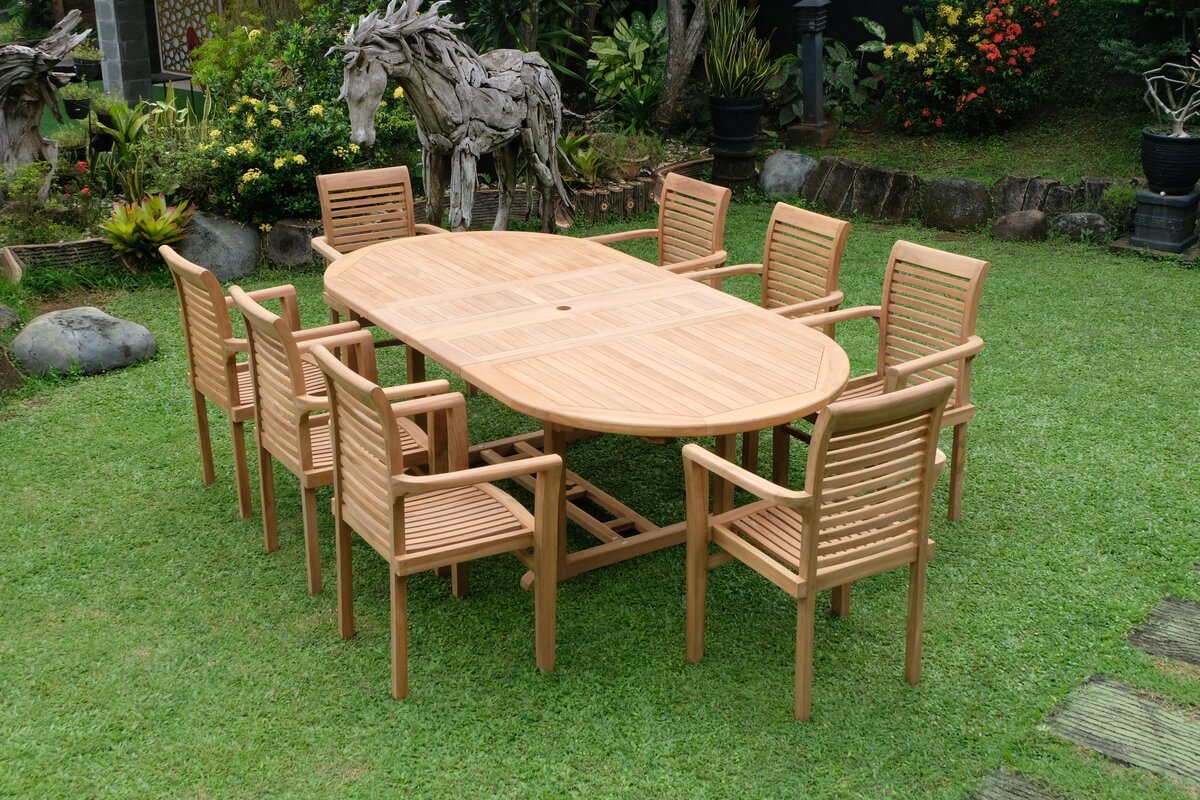 Teak Belgrave 8 Seater Extending Table 1.8m-2.4m (4cm Thick Top) with 8 Belgrave Stacking Chairs (Garden / Outdoor Dining Set)