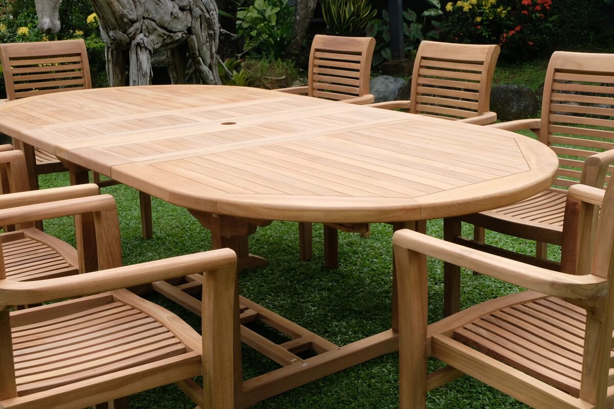 Teak Belgrave 8 Seater Extending Table 1.8m-2.4m (4cm Thick Top) with 8 Belgrave Stacking Chairs (Garden / Outdoor Dining Set)