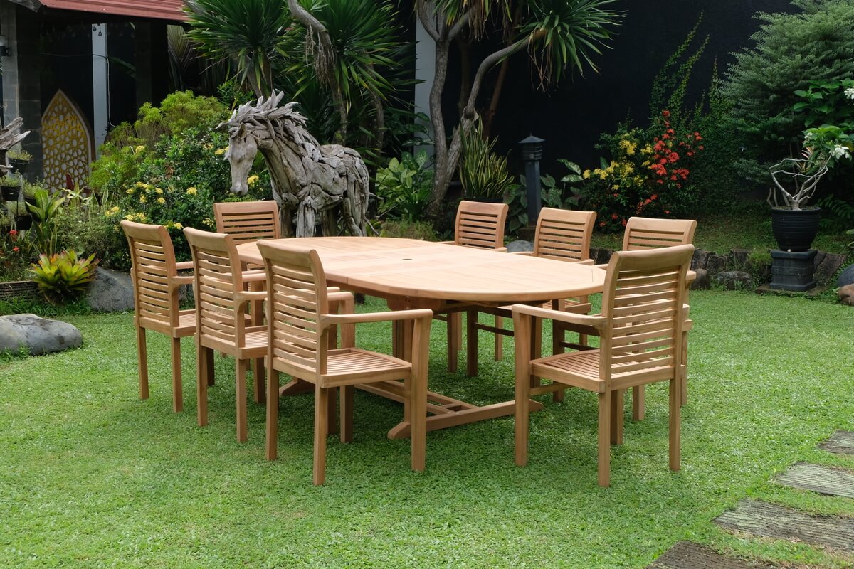 Teak Belgrave 8 Seater Extending Table 1.8m-2.4m (4cm Thick Top) with 8 Belgrave Stacking Chairs (Garden / Outdoor Dining Set)