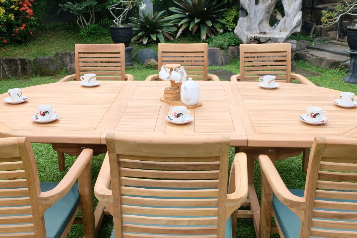 Teak Belgrave 8 Seater Extending Table 1.8m-2.4m (4cm Thick Top) with 8 Belgrave Stacking Chairs (Garden / Outdoor Dining Set)