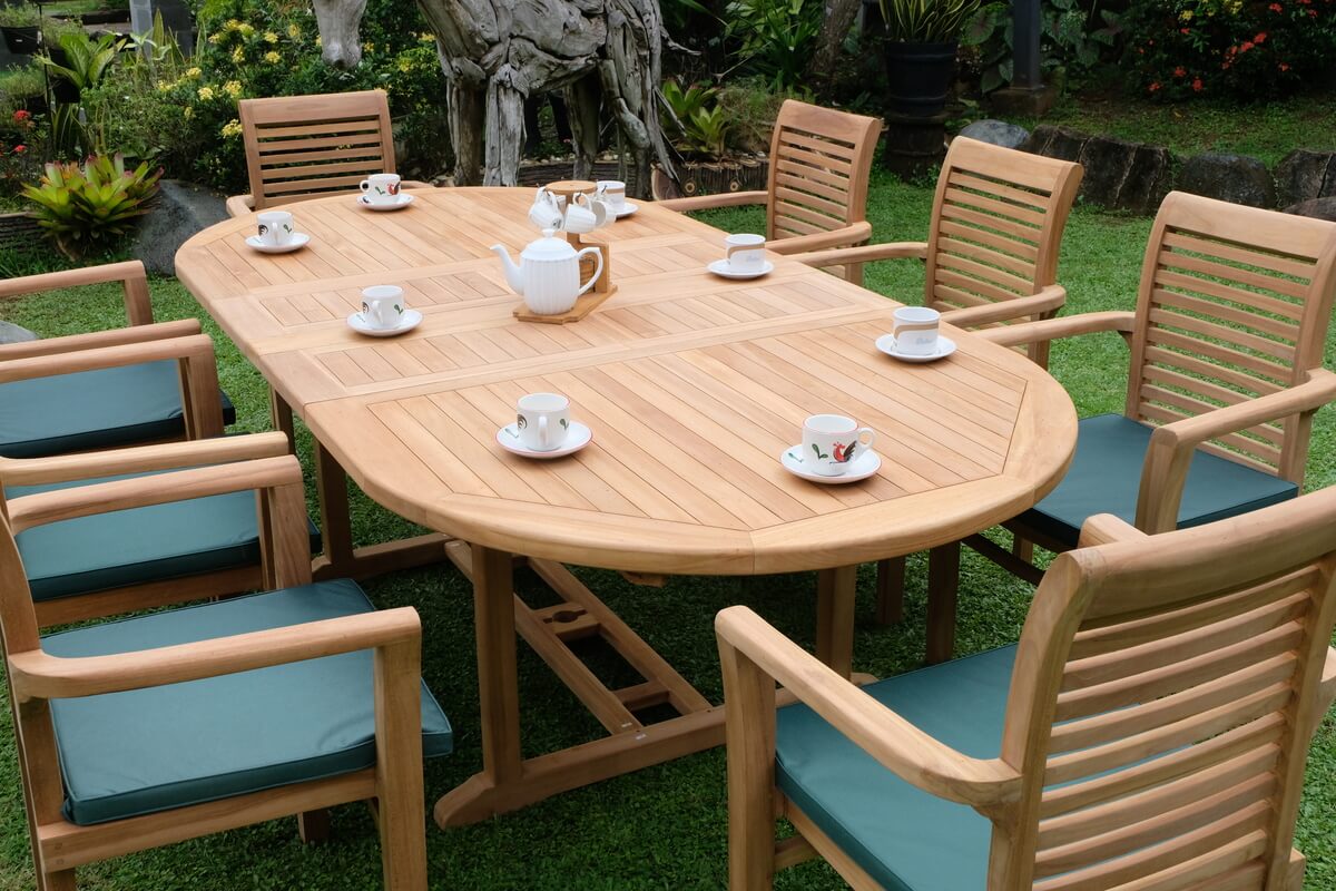 Teak Belgrave 8 Seater Extending Table 1.8m-2.4m (4cm Thick Top) with 8 Belgrave Stacking Chairs (Garden / Outdoor Dining Set)