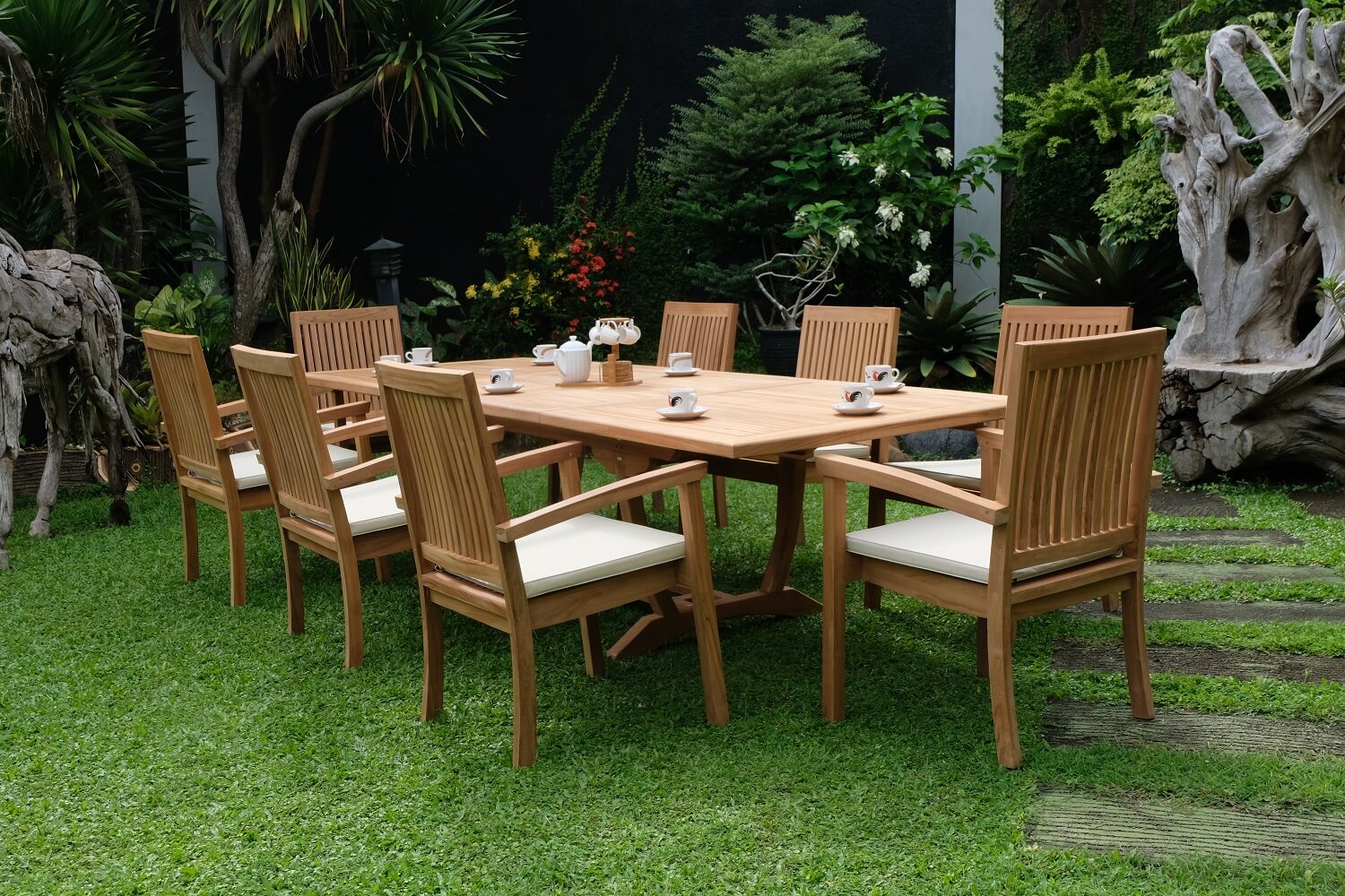 Teak Burnham 10 Seater Extending Table 2m-3m (4cm Thick Top)  with 10 Burnham Stacking Chairs (Garden / Outdoor Dining Set)