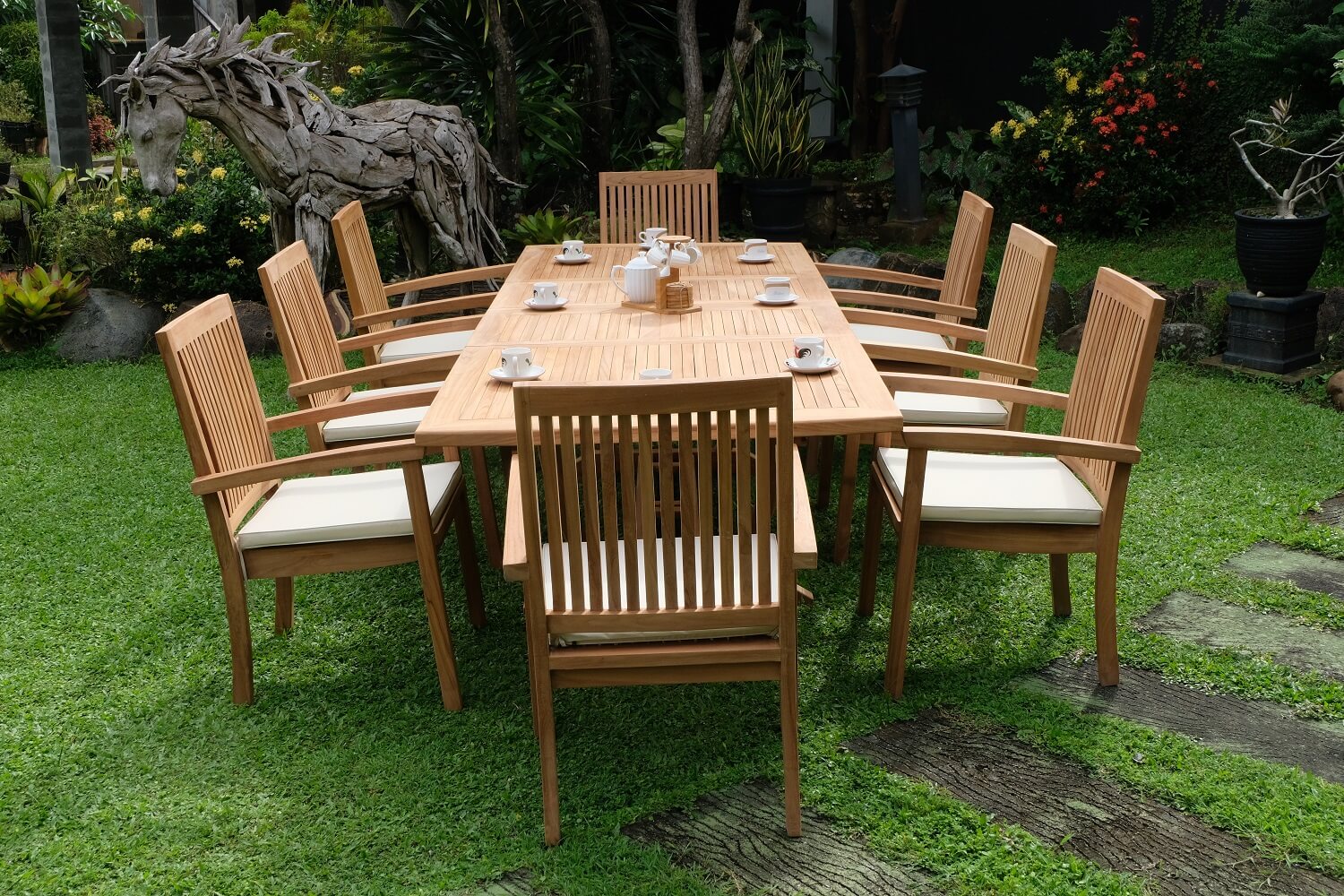 Teak Burnham 10 Seater Extending Table 2m-3m (4cm Thick Top)  with 10 Burnham Stacking Chairs (Garden / Outdoor Dining Set)