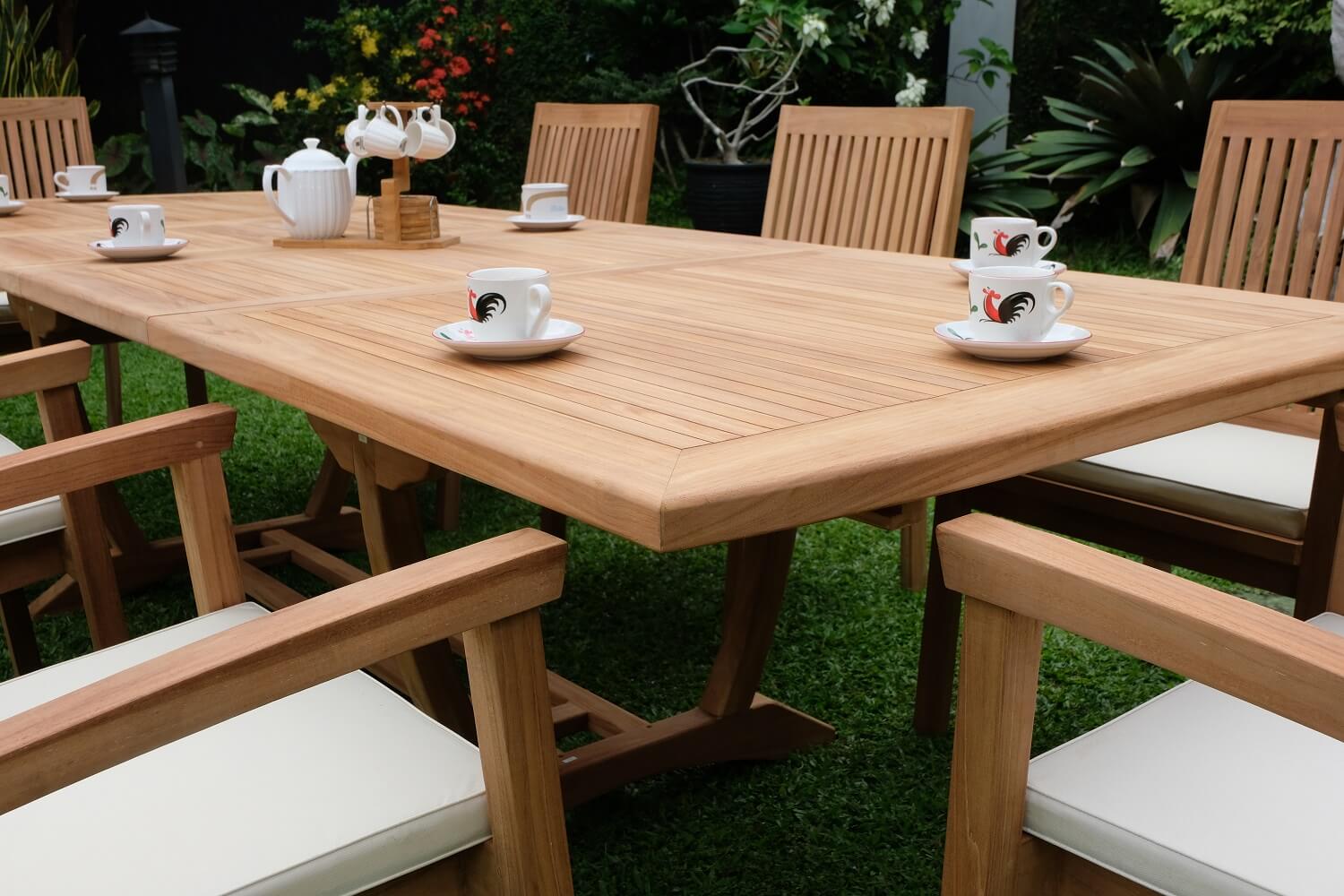 Teak Burnham 10 Seater Extending Table 2m-3m (4cm Thick Top)  with 10 Burnham Stacking Chairs (Garden / Outdoor Dining Set)