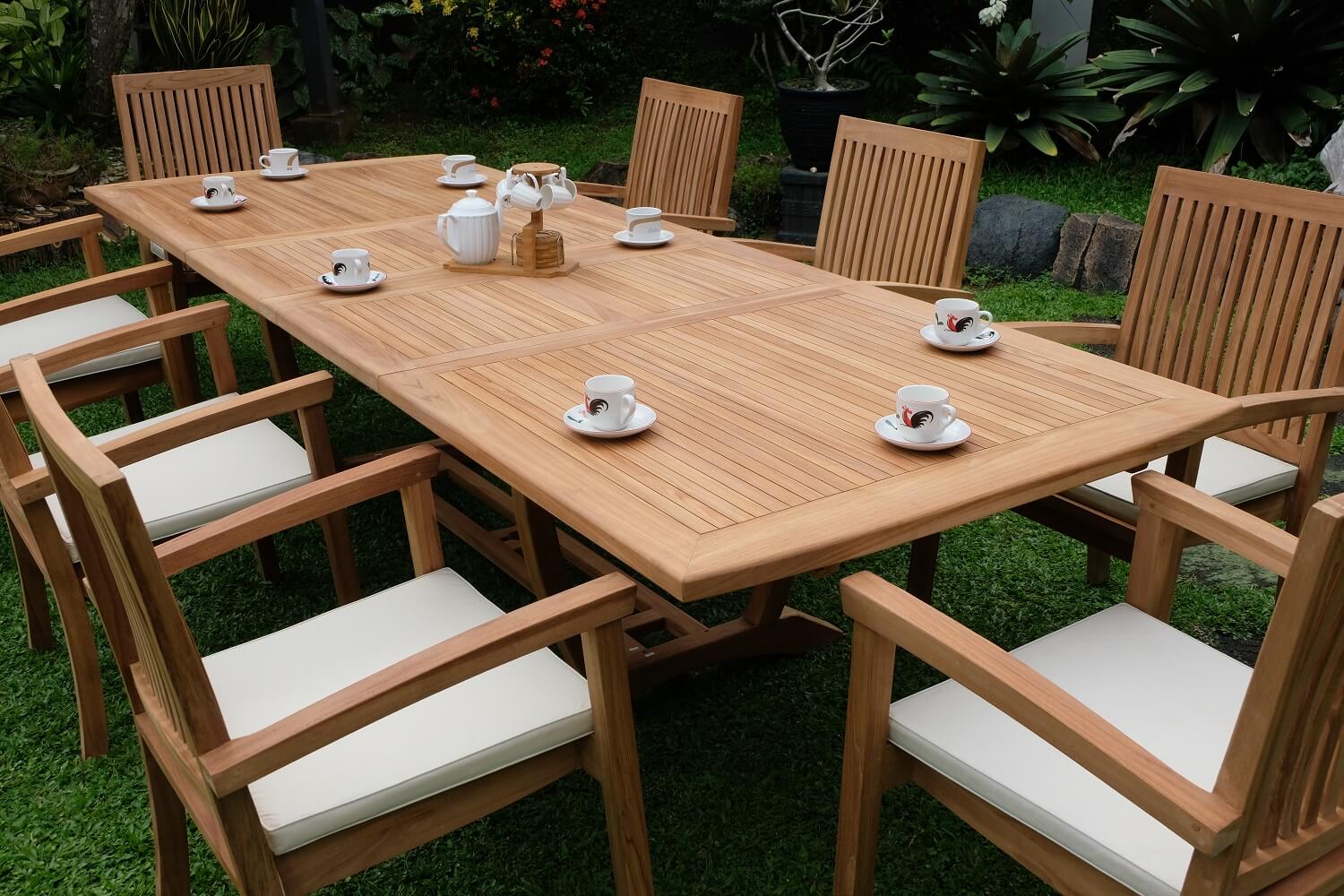 Teak Burnham 10 Seater Extending Table 2m-3m (4cm Thick Top)  with 10 Burnham Stacking Chairs (Garden / Outdoor Dining Set)