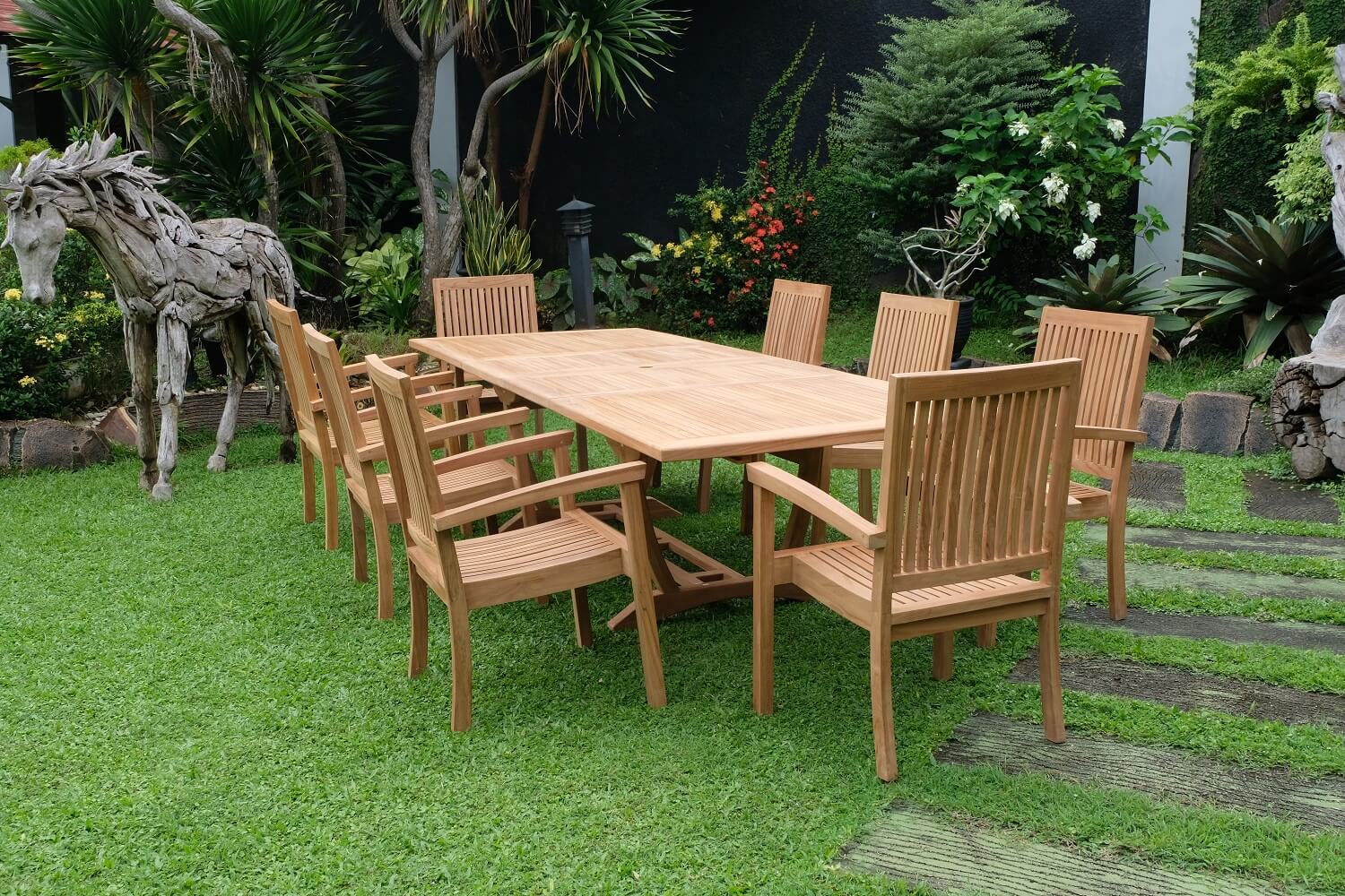 Teak Burnham 10 Seater Extending Table 2m-3m (4cm Thick Top)  with 10 Burnham Stacking Chairs (Garden / Outdoor Dining Set)
