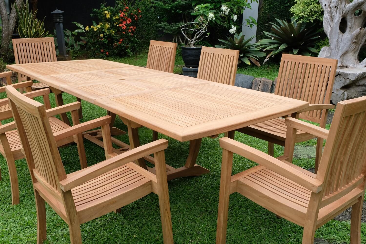 Teak Burnham 10 Seater Extending Table 2m-3m (4cm Thick Top)  with 10 Burnham Stacking Chairs (Garden / Outdoor Dining Set)