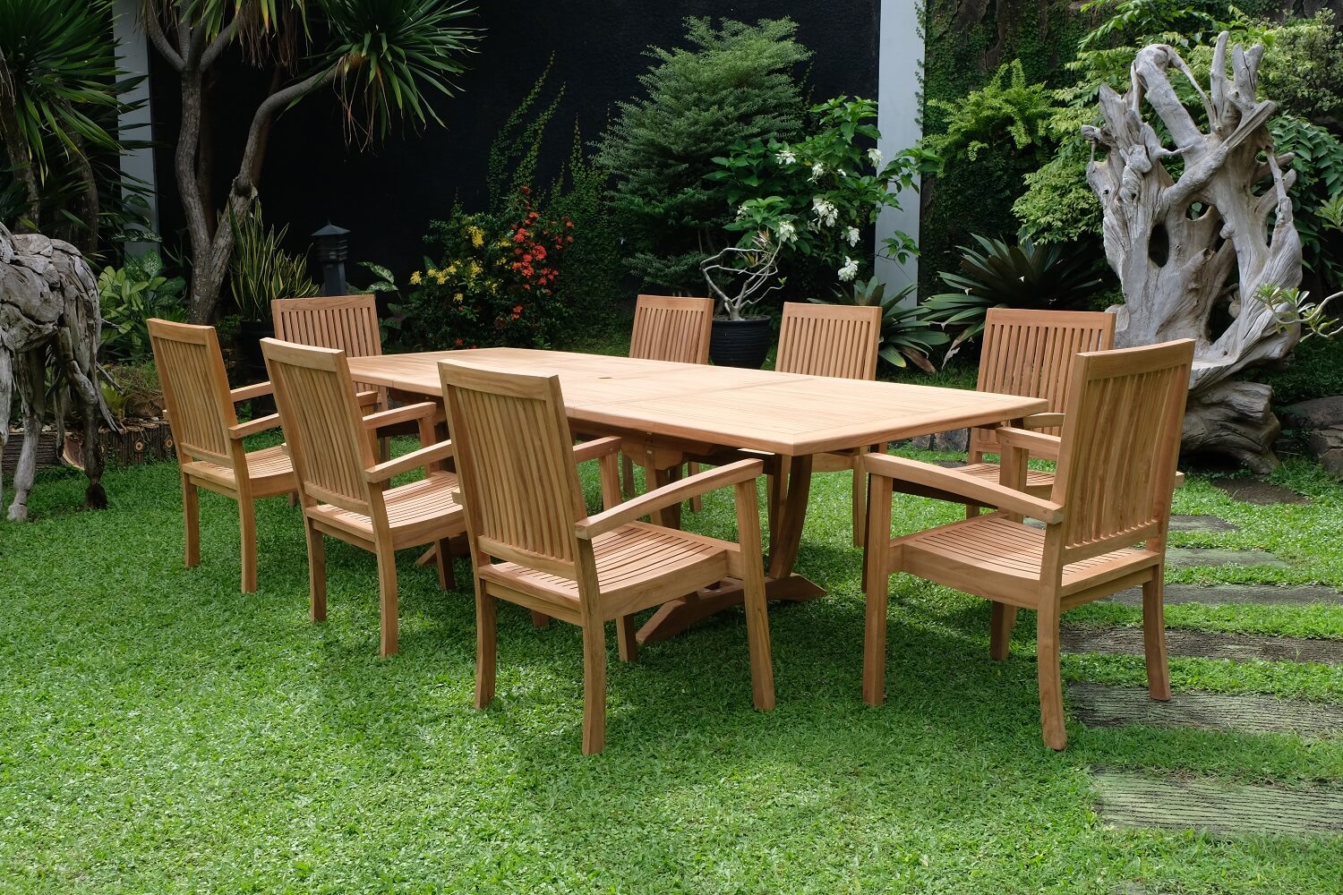 Teak Burnham 10 Seater Extending Table 2m-3m (4cm Thick Top)  with 10 Burnham Stacking Chairs (Garden / Outdoor Dining Set)