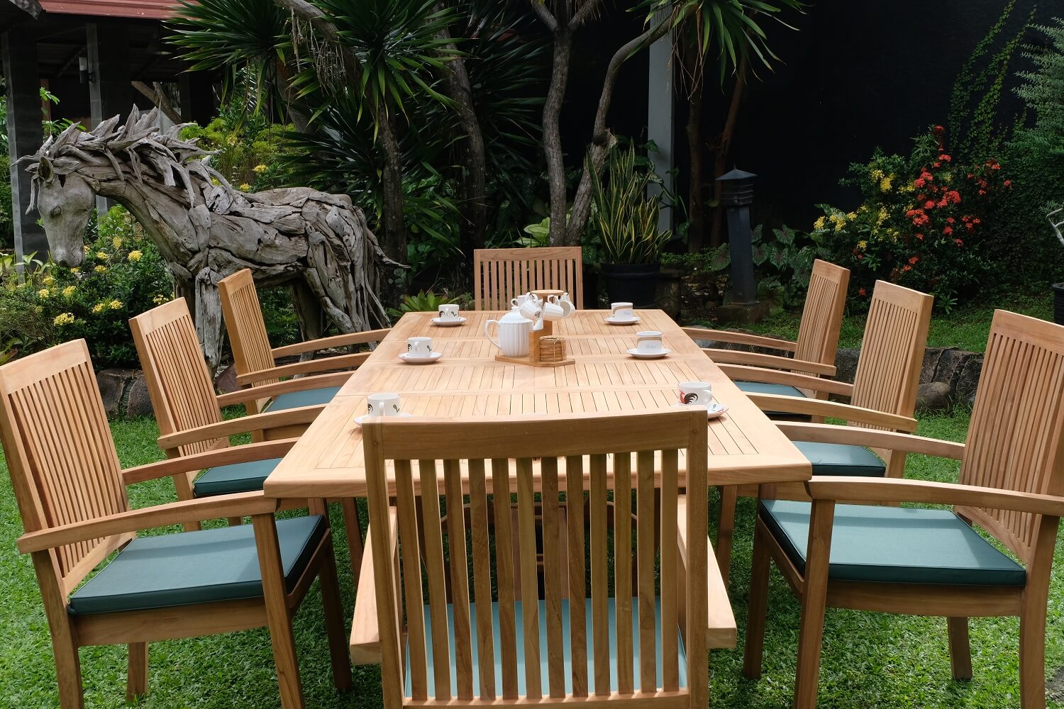 Teak Burnham 10 Seater Extending Table 2m-3m (4cm Thick Top)  with 10 Burnham Stacking Chairs (Garden / Outdoor Dining Set)