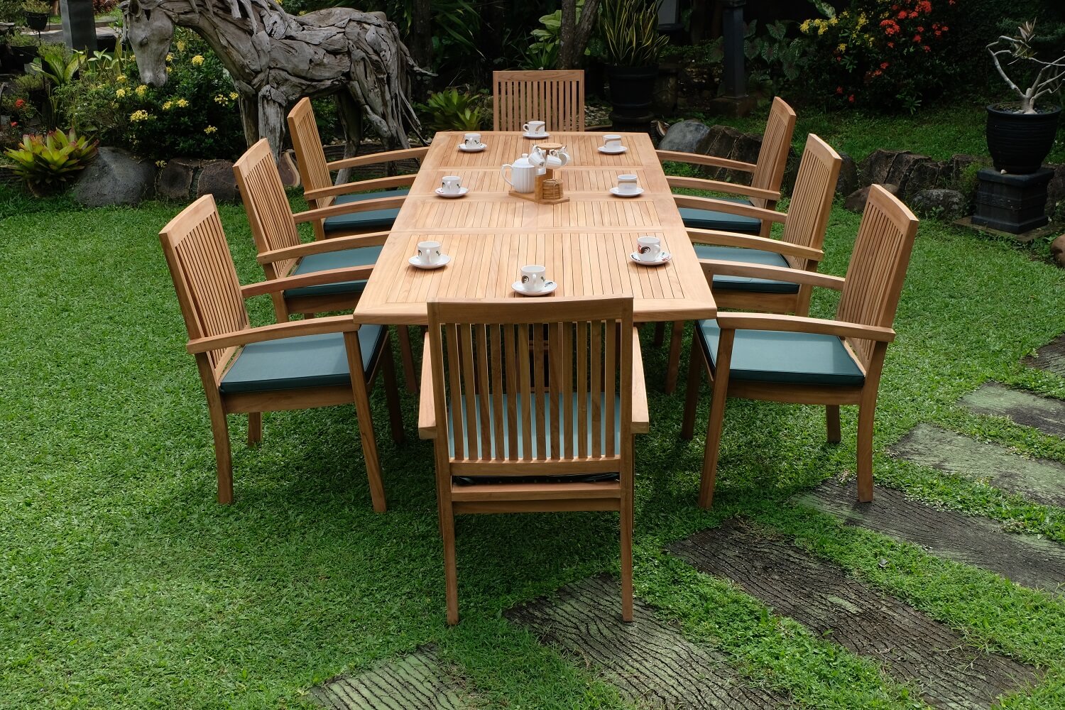 Teak Burnham 10 Seater Extending Table 2m-3m (4cm Thick Top)  with 10 Burnham Stacking Chairs (Garden / Outdoor Dining Set)