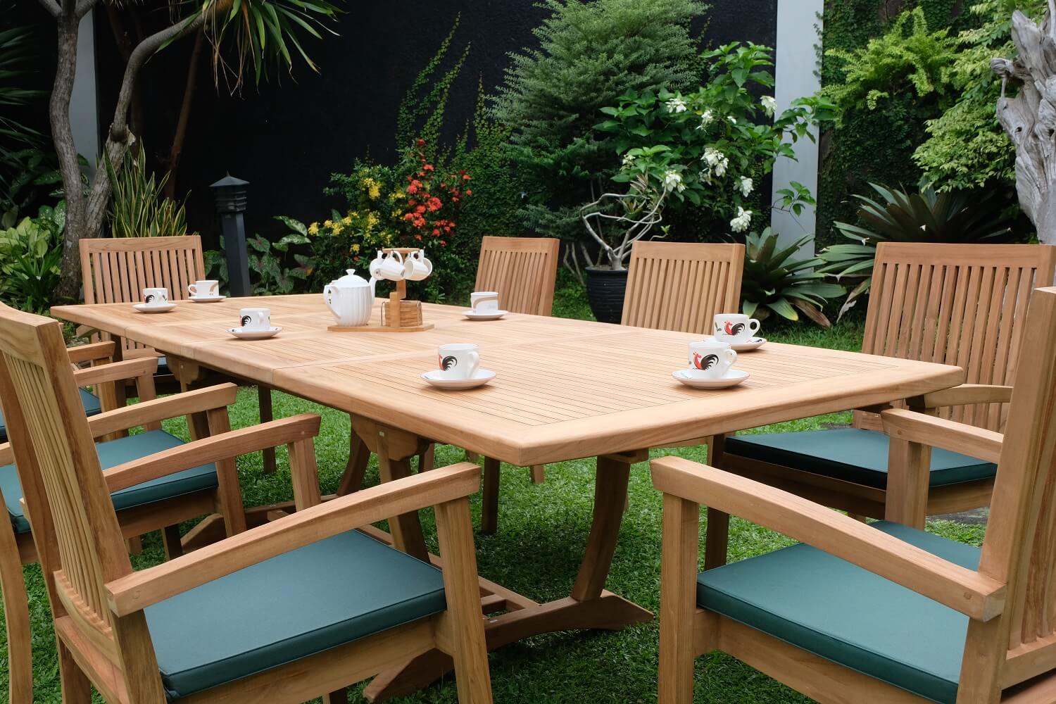 Teak Burnham 10 Seater Extending Table 2m-3m (4cm Thick Top)  with 10 Burnham Stacking Chairs (Garden / Outdoor Dining Set)