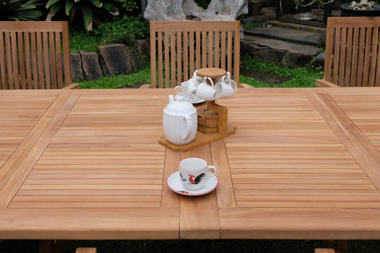 Teak Burnham 10 Seater Extending Table 2m-3m (4cm Thick Top)  with 10 Burnham Stacking Chairs (Garden / Outdoor Dining Set)