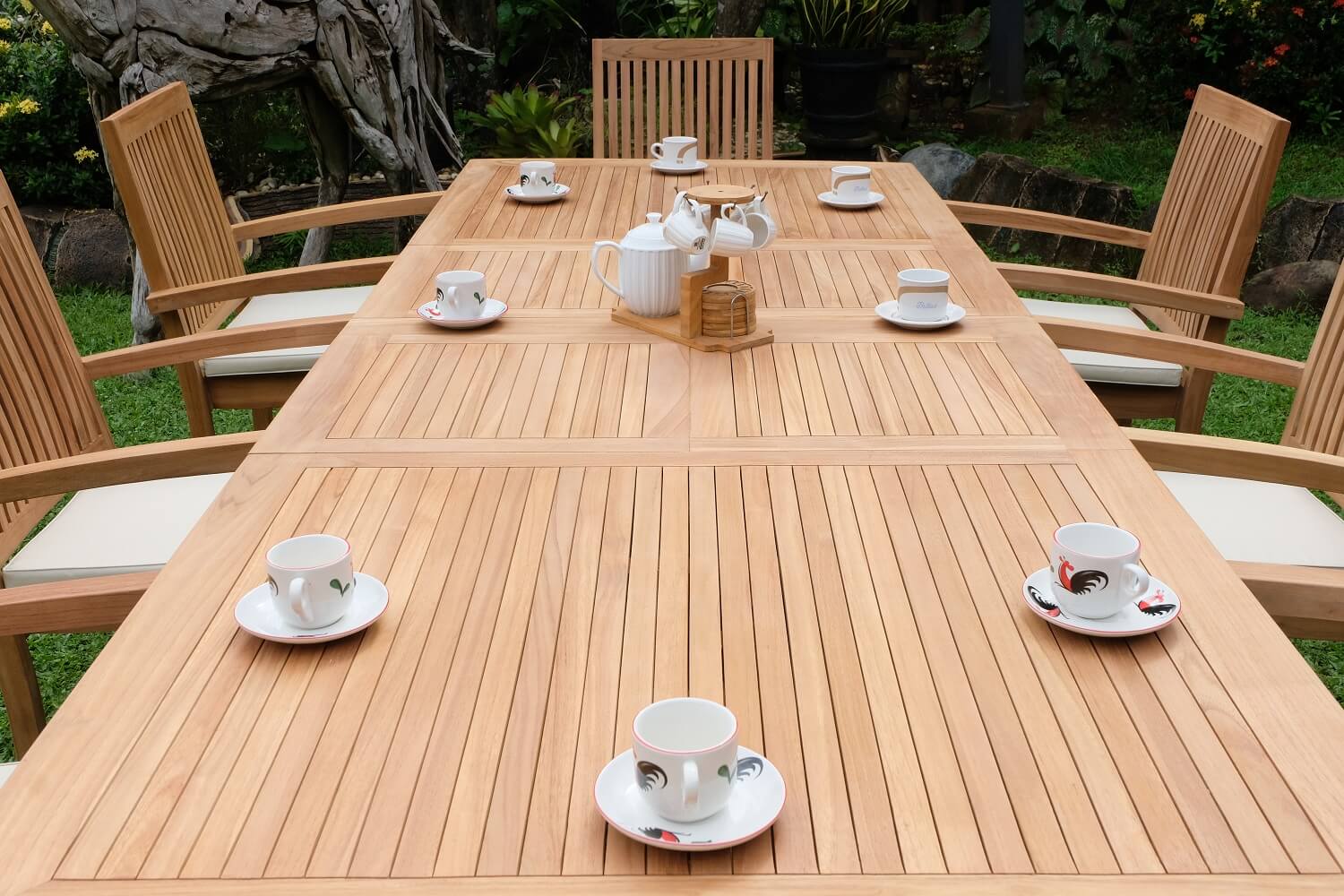 Teak Burnham 10 Seater Extending Table 2m-3m (4cm Thick Top)  with 10 Burnham Stacking Chairs (Garden / Outdoor Dining Set)