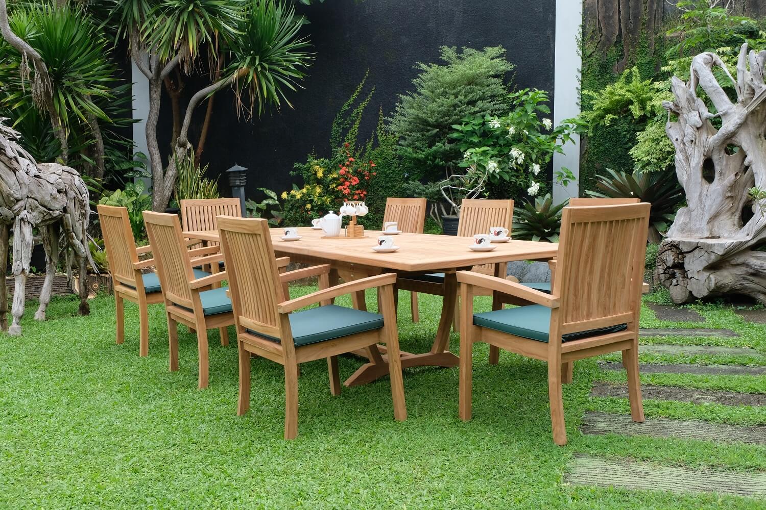 Teak Burnham 10 Seater Extending Table 2m-3m (4cm Thick Top)  with 10 Burnham Stacking Chairs (Garden / Outdoor Dining Set)