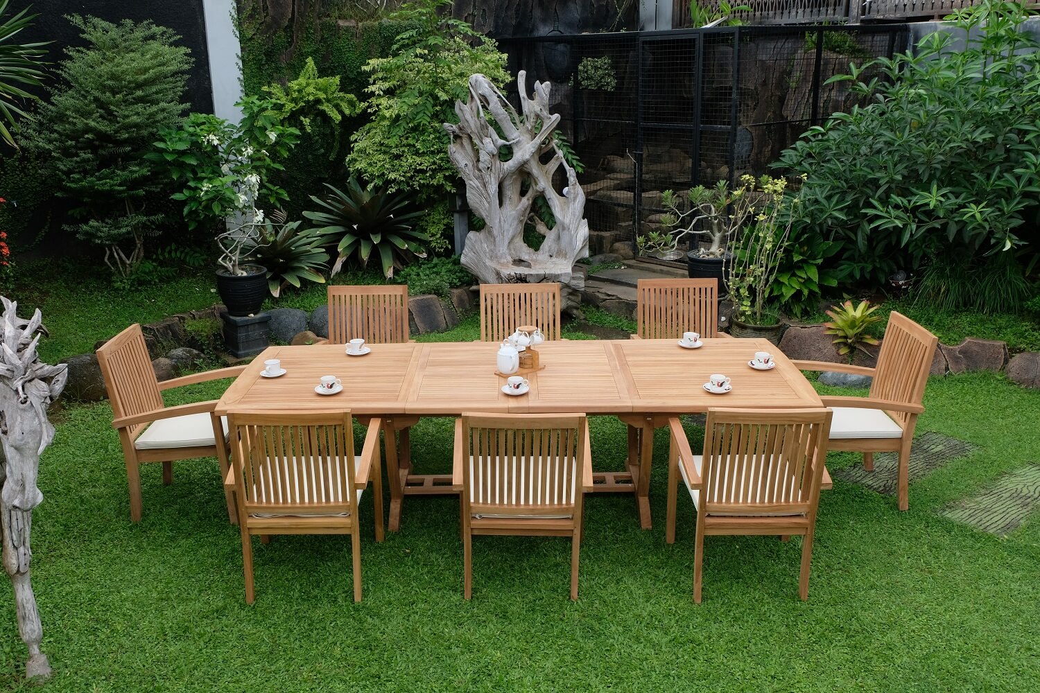 Teak Burnham 10 Seater Extending Table 2m-3m (4cm Thick Top)  with 10 Burnham Stacking Chairs (Garden / Outdoor Dining Set)