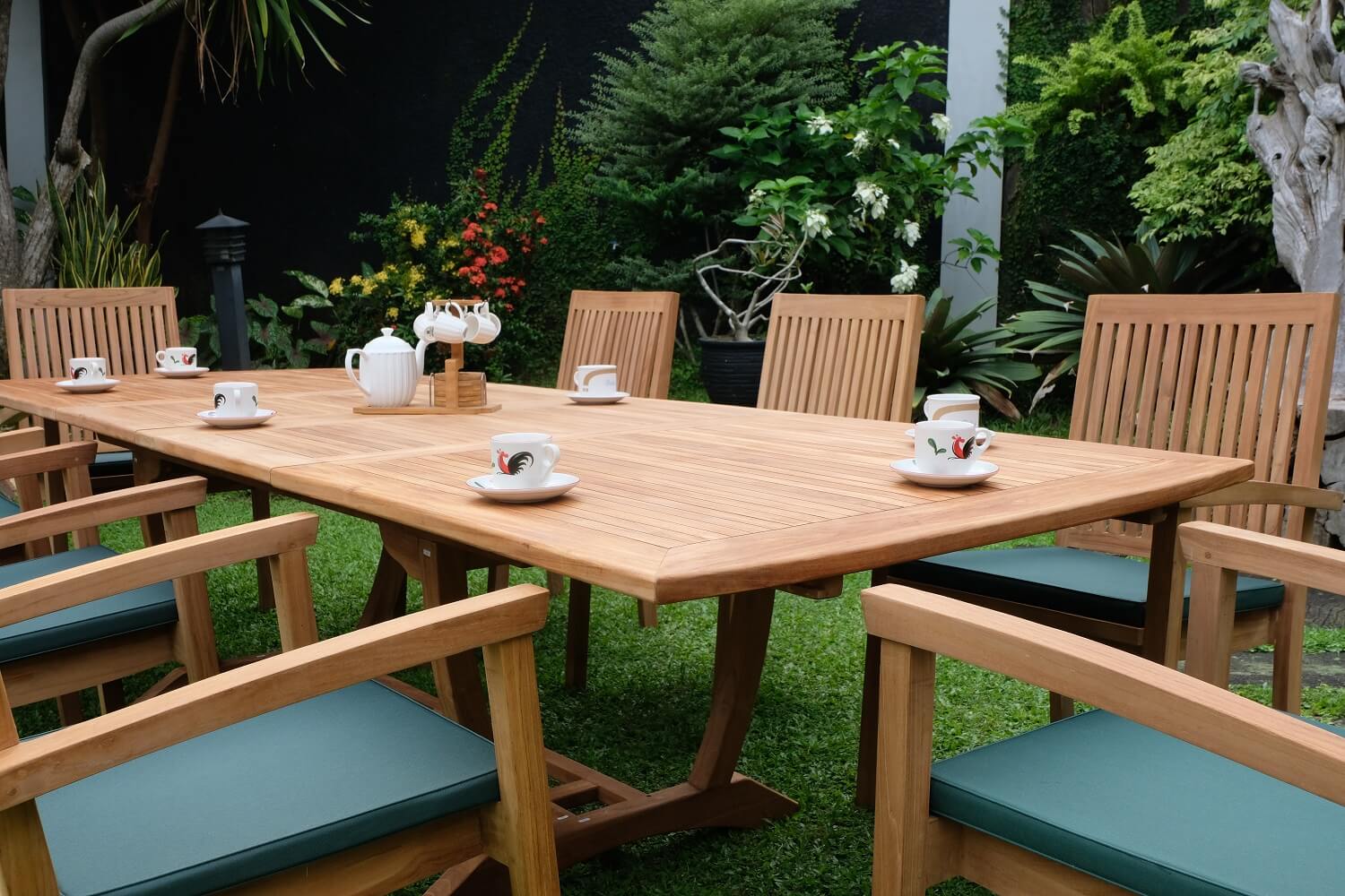 Teak Burnham 10 Seater Extending Table 2m-3m (4cm Thick Top)  with 10 Burnham Stacking Chairs (Garden / Outdoor Dining Set)