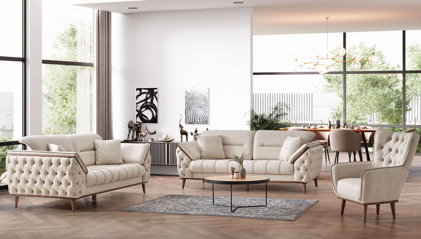 Chesterfield Sofa Set Leather (Cream)