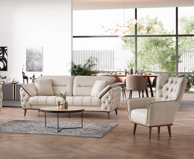 Chesterfield Sofa Set Leather (Cream)