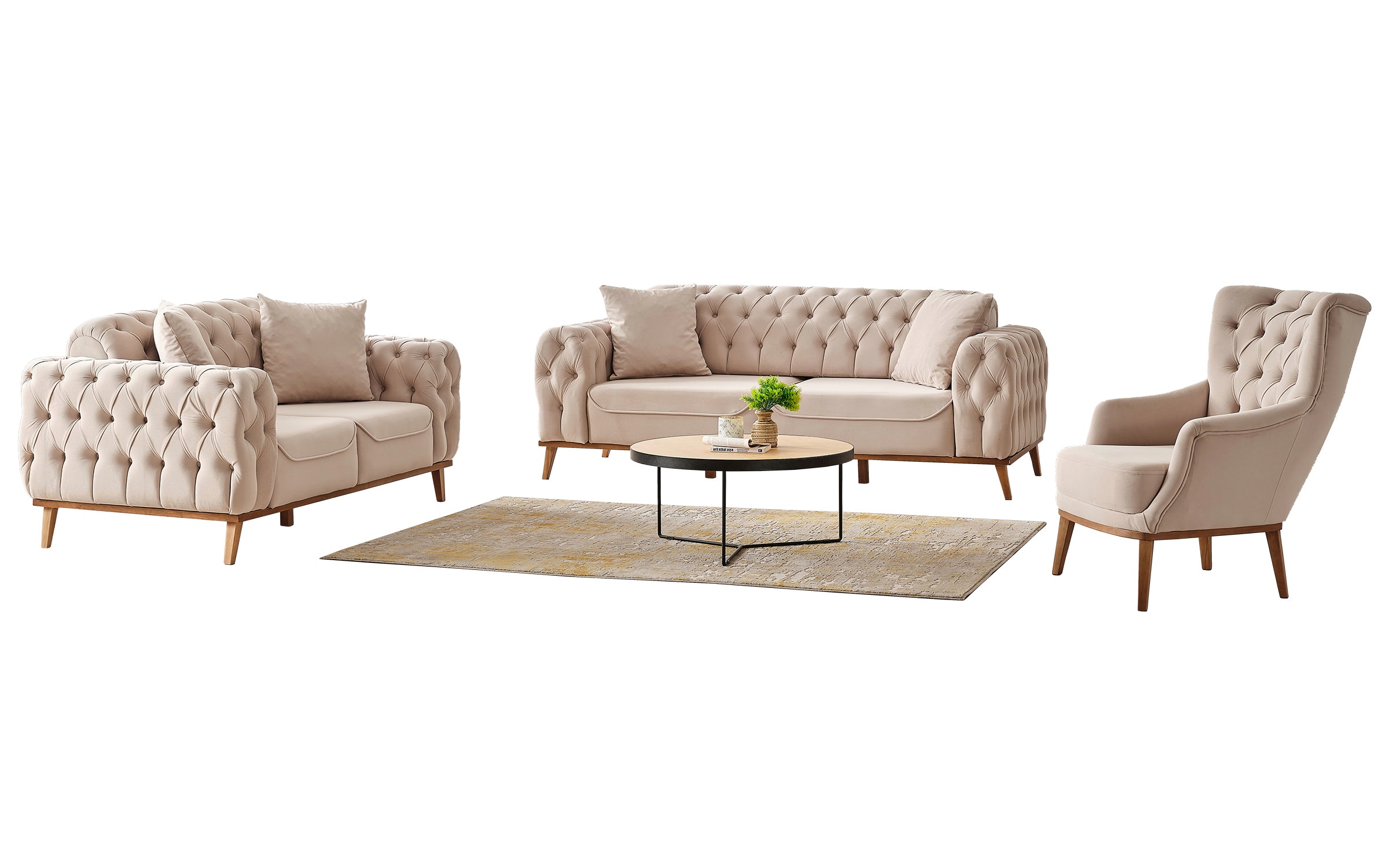 Chesterfield Sofa Set Velvet (Cream) 2 Seater