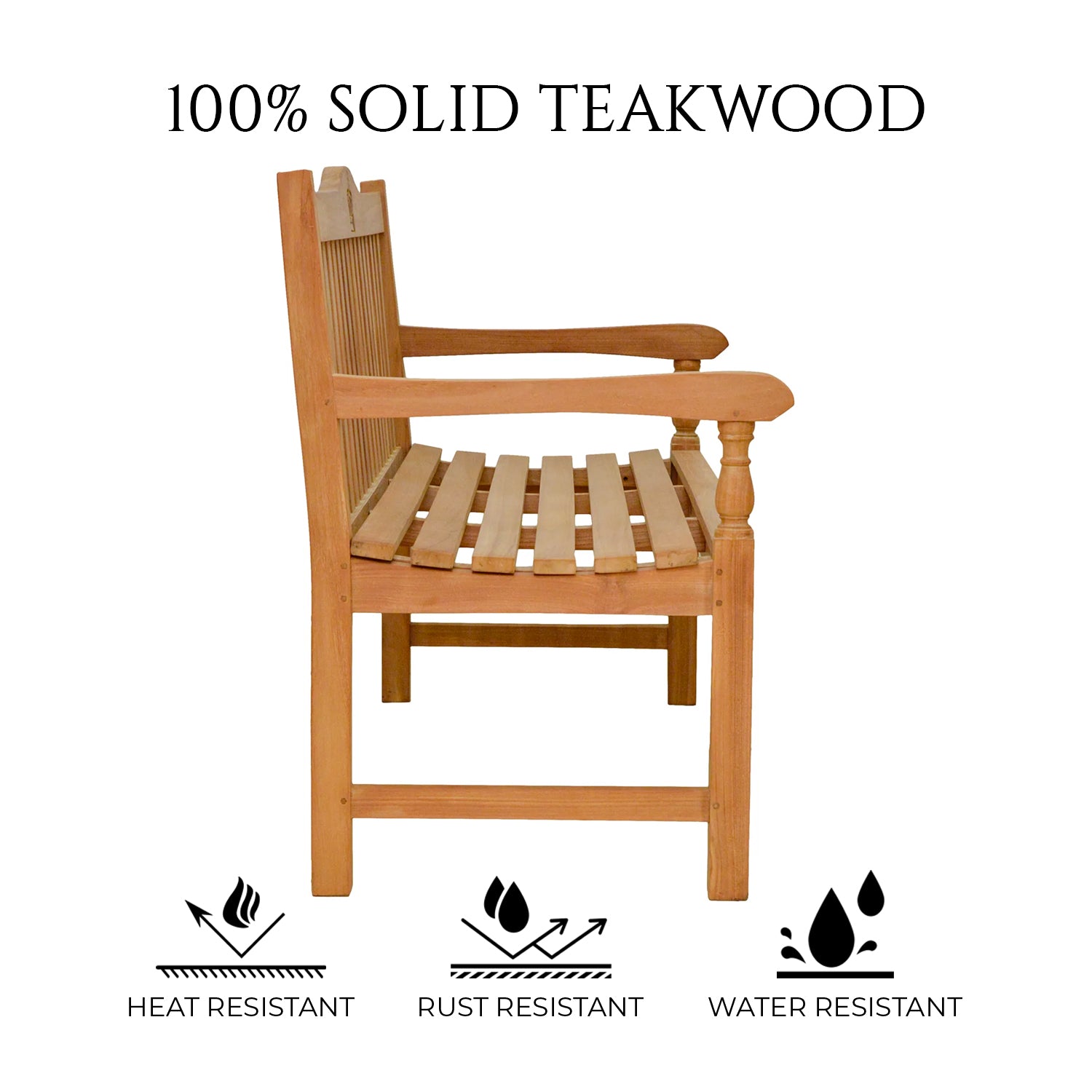 Crown 3 Seater Thick Teak Garden Bench,  1.5m