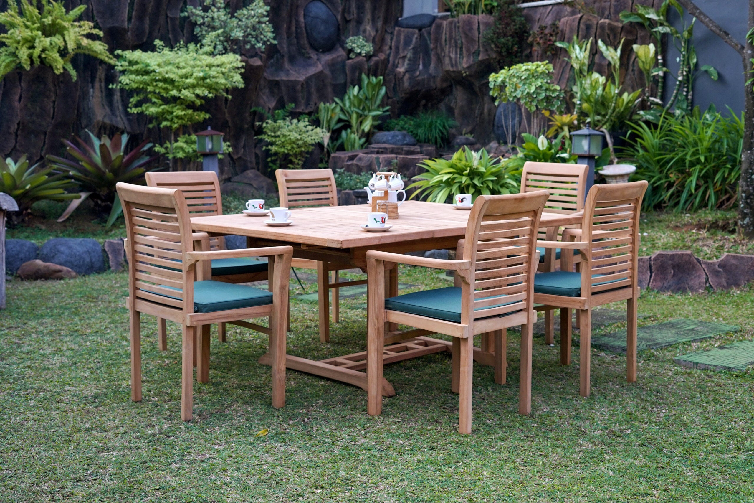 Teak Dorchester 6 Seater Extending Table 1.2m-1.7m with 6 Belgrave Stacking Chair  (Garden / Outdoor Dining Set)