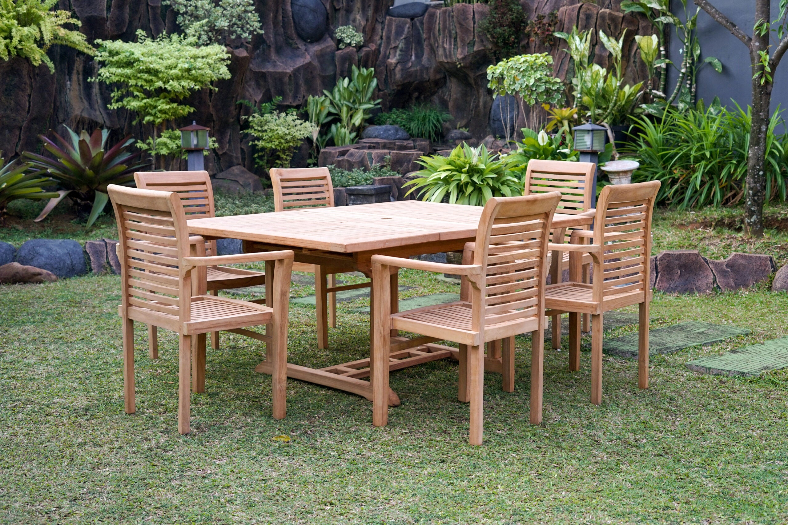 Teak Dorchester 6 Seater Extending Table 1.2m-1.7m with 6 Belgrave Stacking Chair  (Garden / Outdoor Dining Set)