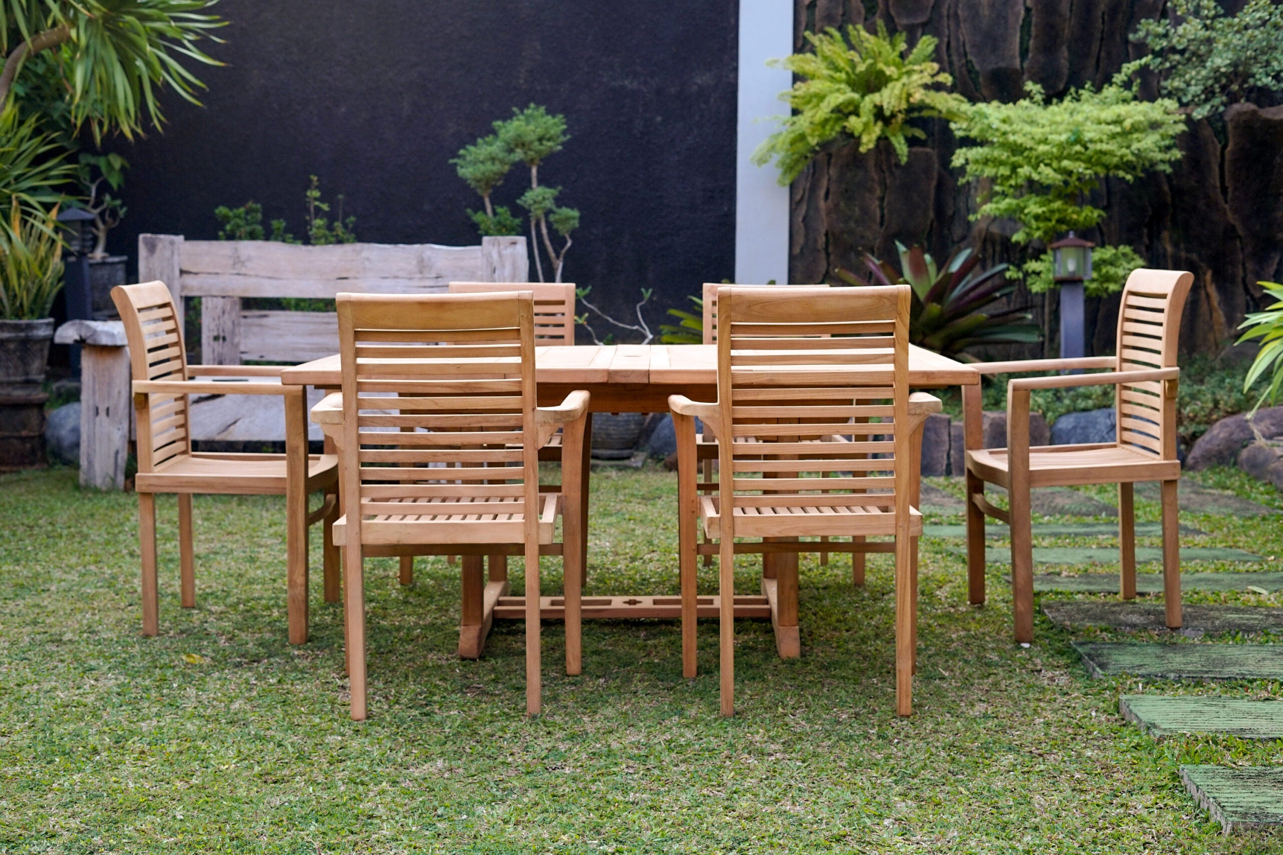 Teak Dorchester 6 Seater Extending Table 1.2m-1.7m with 6 Belgrave Stacking Chair  (Garden / Outdoor Dining Set)
