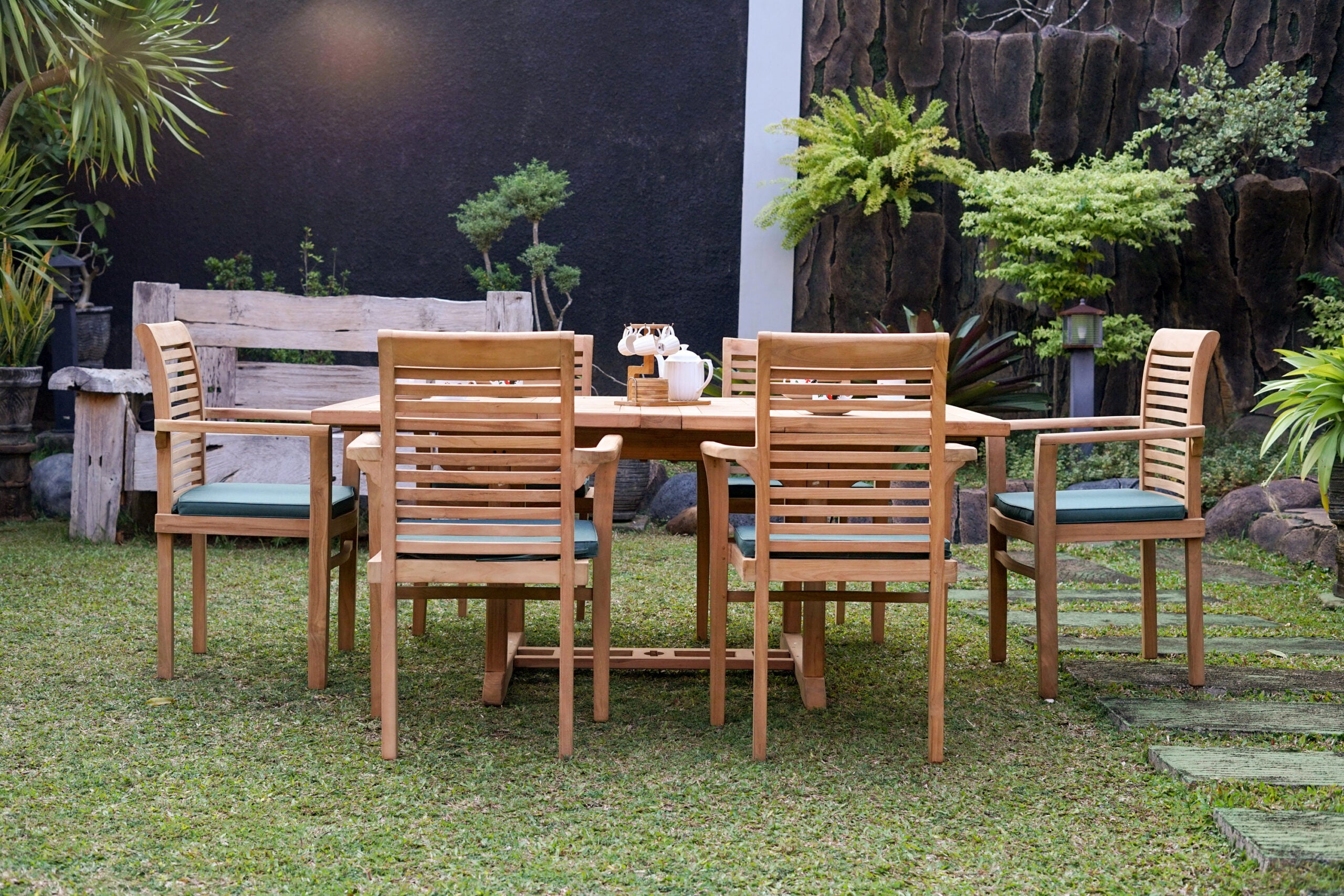 Teak Dorchester 6 Seater Extending Table 1.2m-1.7m with 6 Belgrave Stacking Chair  (Garden / Outdoor Dining Set)