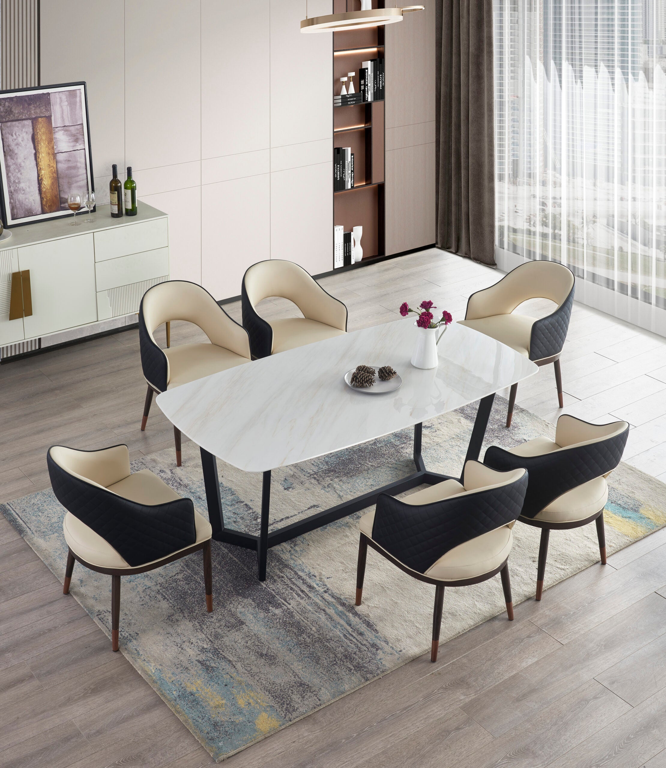 Florence 6/8 Seater Rectangle Marble Table 1.8m/2.0m with Dining Chairs