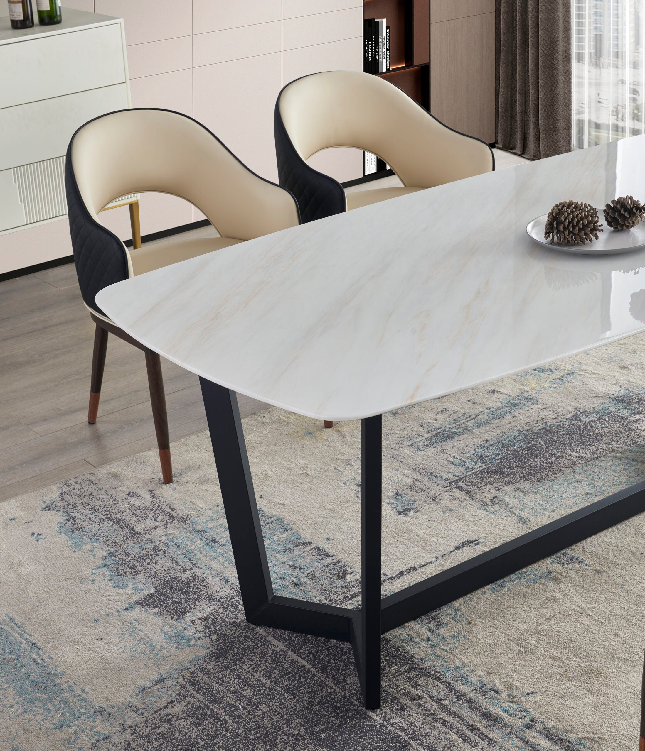 Florence 6/8 Seater Rectangle Marble Table 1.8m/2.0m with Dining Chairs