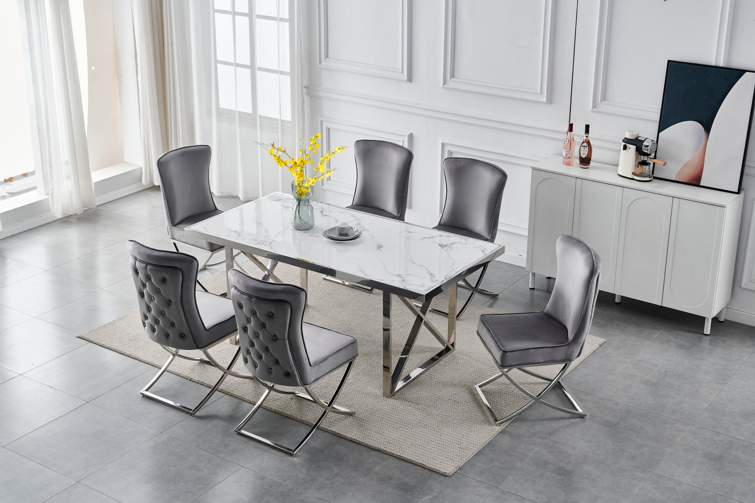 Halmstad 6 Seater Rectangle Marble Table 1.8m with 6 Dining Chairs