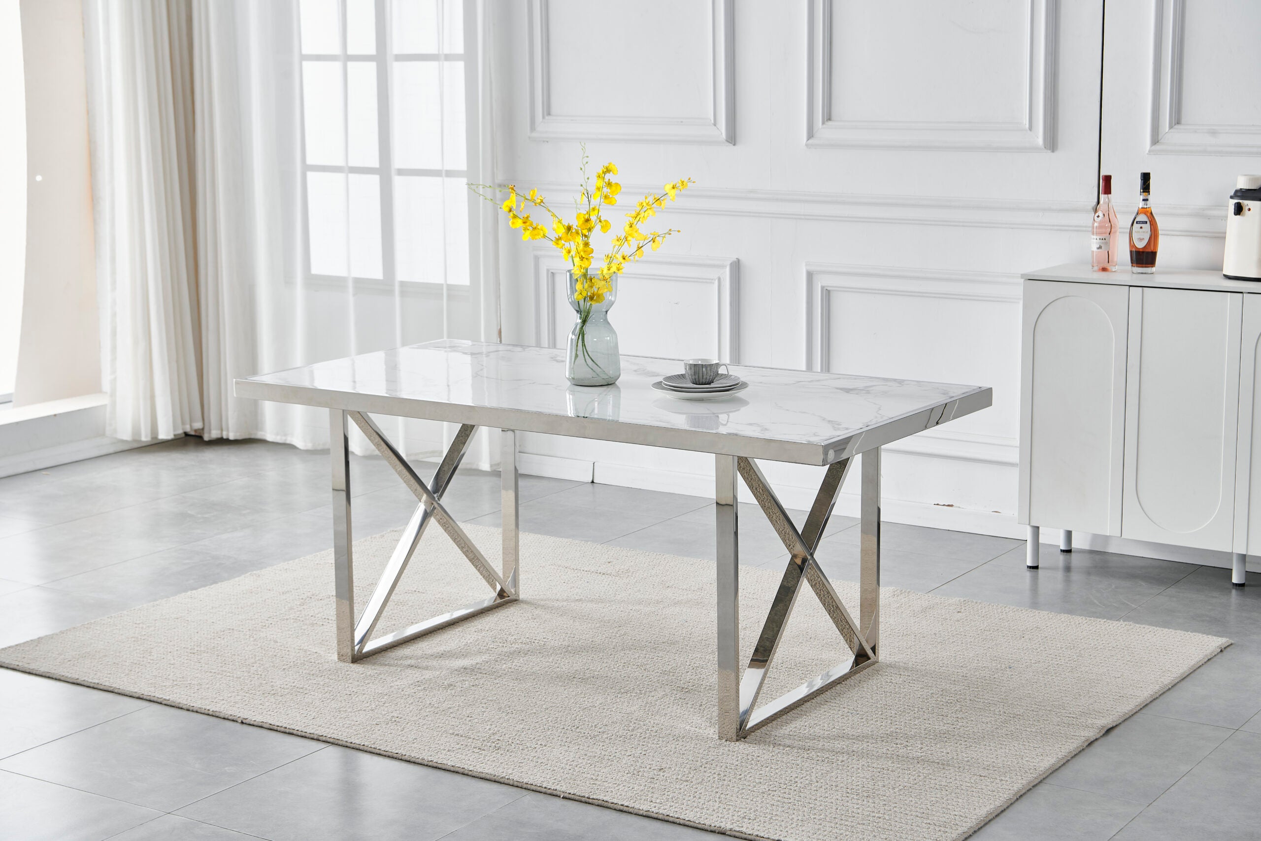 Halmstad 6 Seater Rectangle Marble Table 1.8m with 6 Dining Chairs