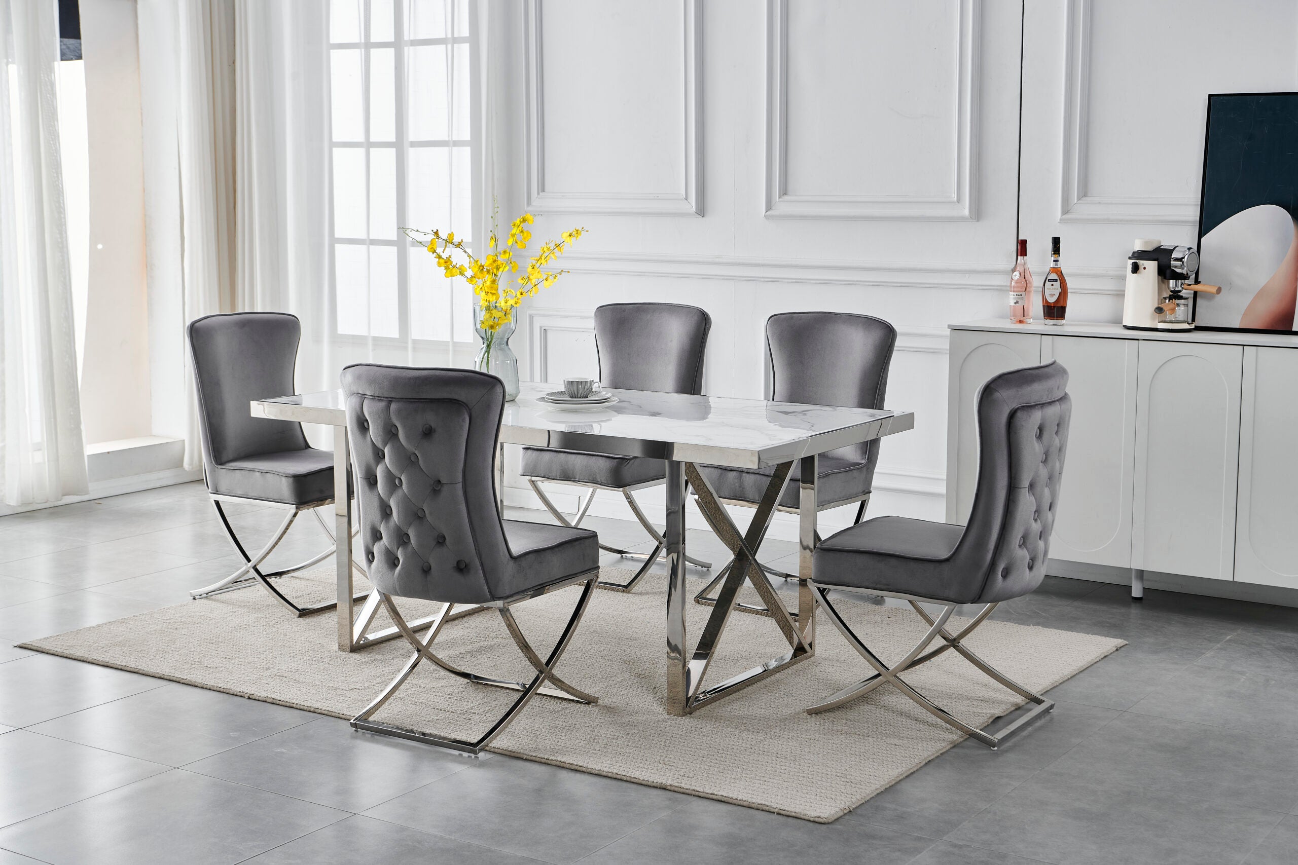 Halmstad 6 Seater Rectangle Marble Table 1.8m with 6 Dining Chairs