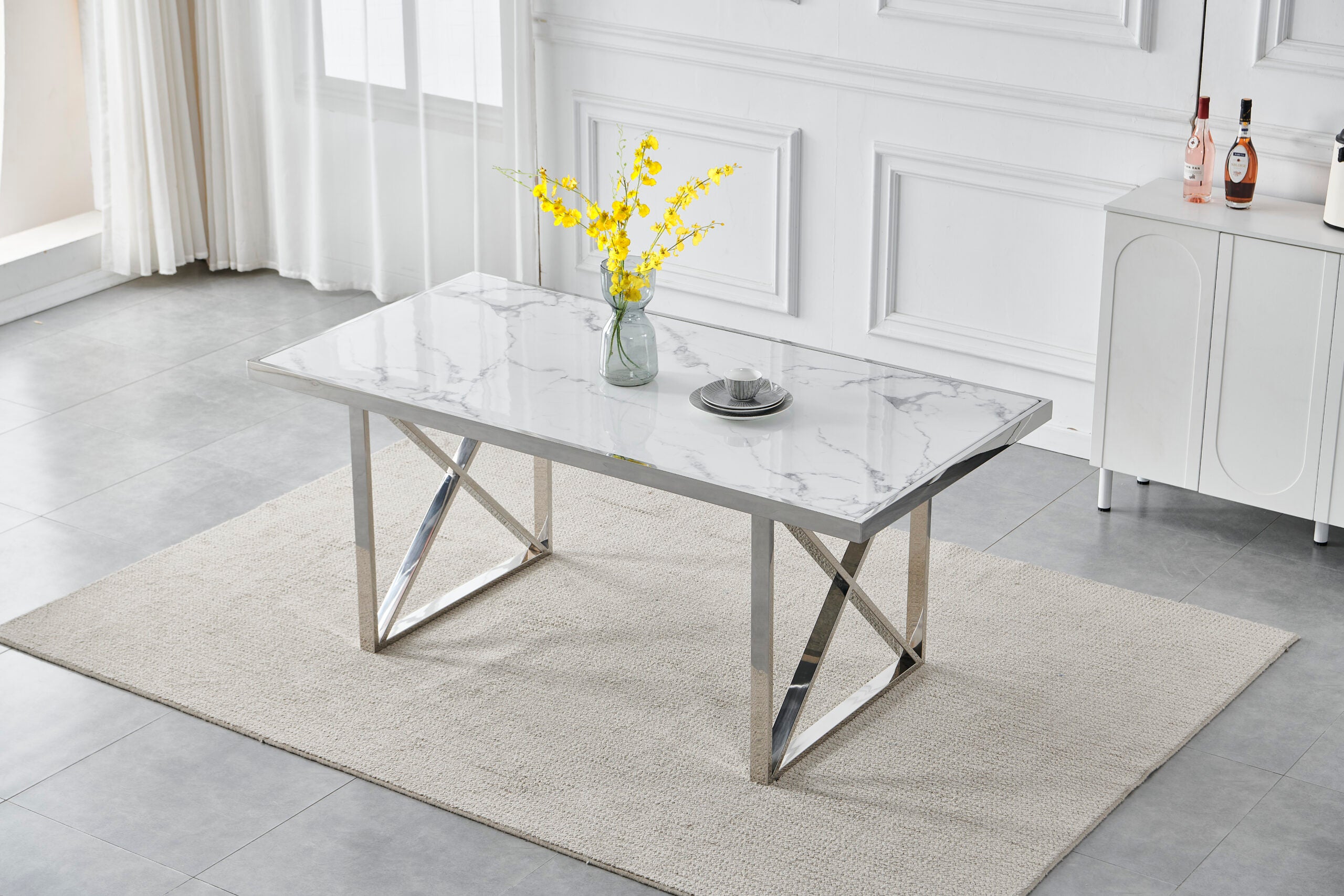 Halmstad 6 Seater Rectangle Marble Table 1.8m with 6 Dining Chairs