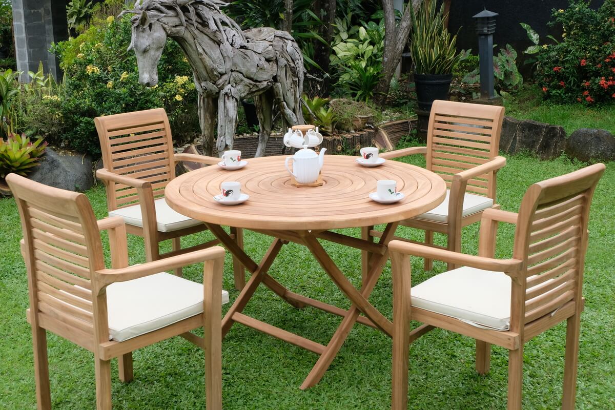 Teak Ripple Folding Table 120cm (4cm Thick Top) with Belgrave Stacking Chair  (Garden / Outdoor Dining Set)
