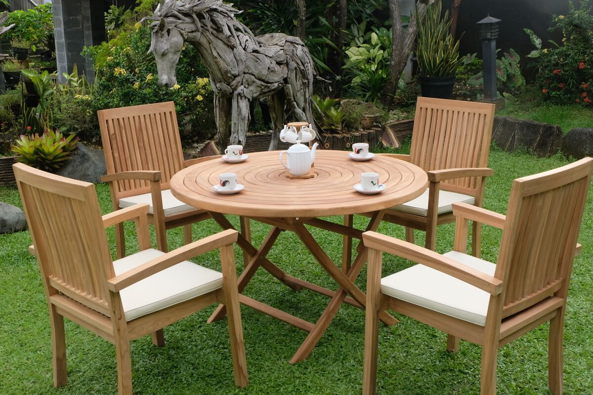 Teak Ripple Folding Table 120cm (4cm Thick Top) with Burnham Stacking Chair  (Garden / Outdoor Dining Set)