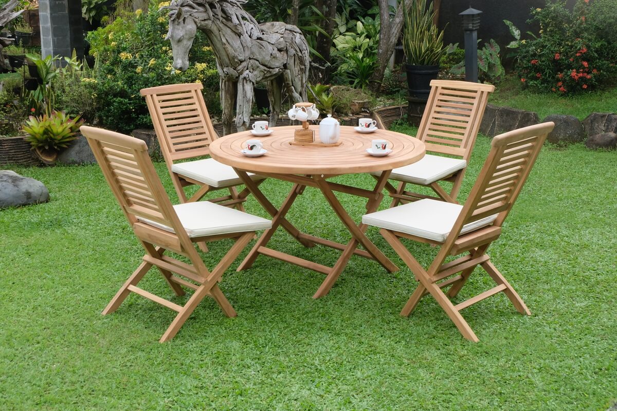 Teak Ripple Folding Table 120cm (4cm Thick Top) with Hanton Folding Chair  (Garden / Outdoor Dining Set)