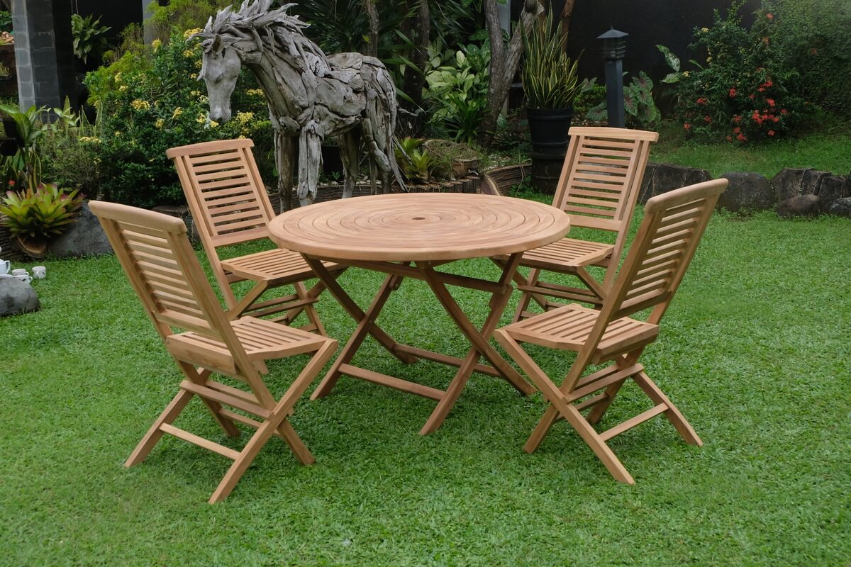 Teak Ripple Folding Table 120cm (4cm Thick Top) with Hanton Folding Chair (Garden / Outdoor Dining Set)