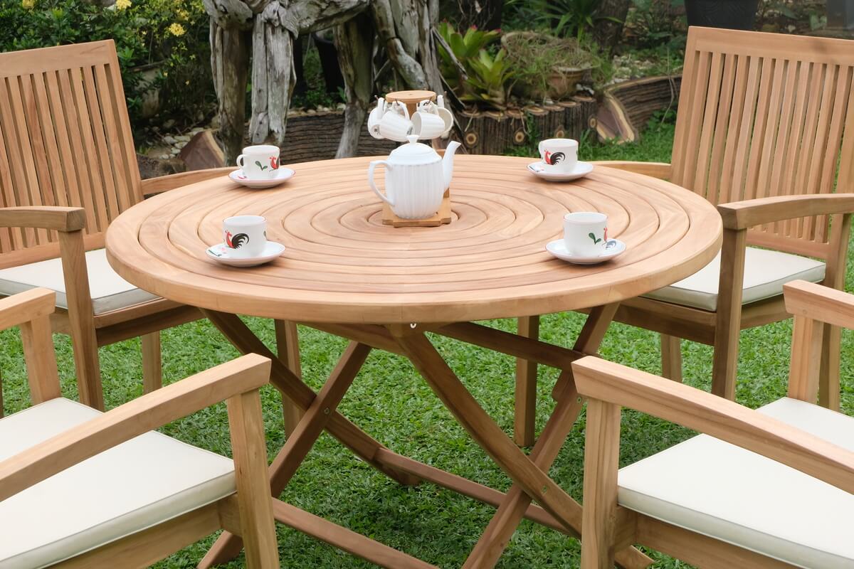 Teak Ripple Folding Table 120cm (4cm Thick Top) with Burnham Stacking Chair (Garden / Outdoor Dining Set)