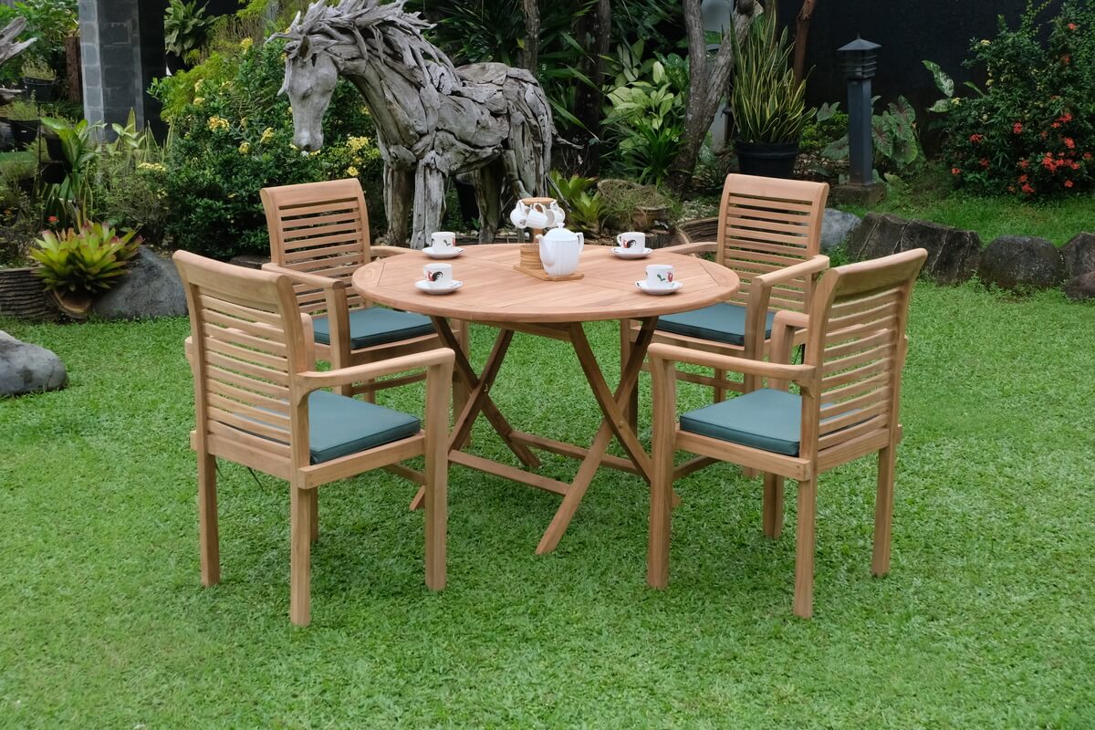 Teak Standard Folding Table 120cm (4cm Thick Top) with 4 Belgrave Stacking Chair (Garden / Outdoor Dining Set)